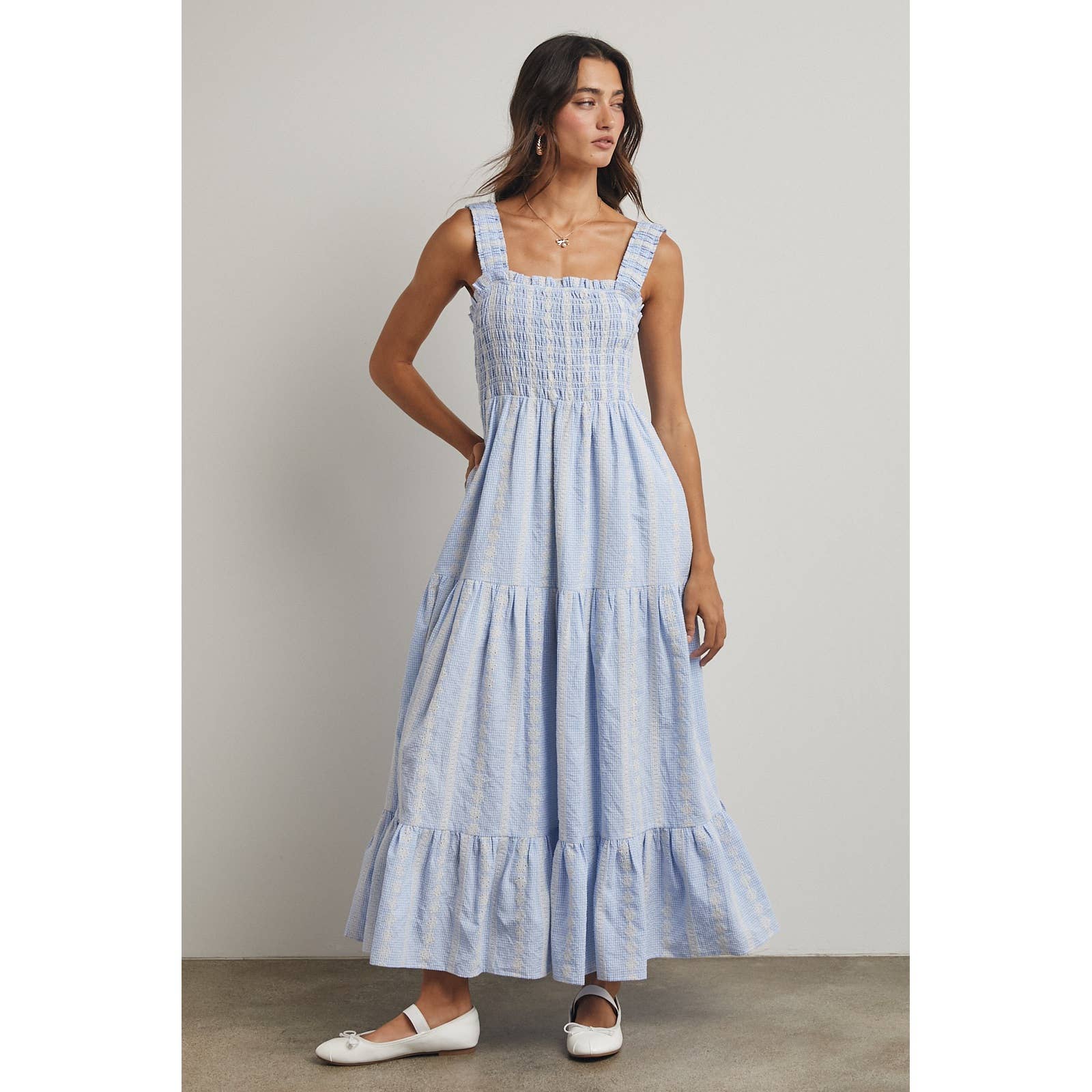 Blue & White Striped Smocked Maxi Dress