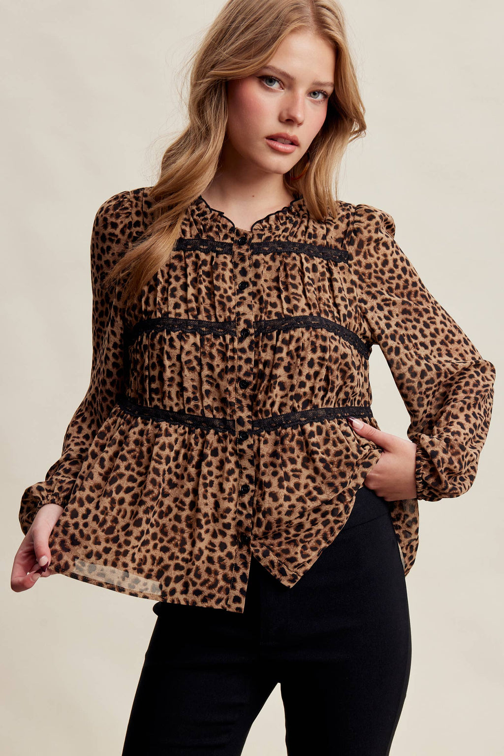 Leopard Print Lace Trim Blouse