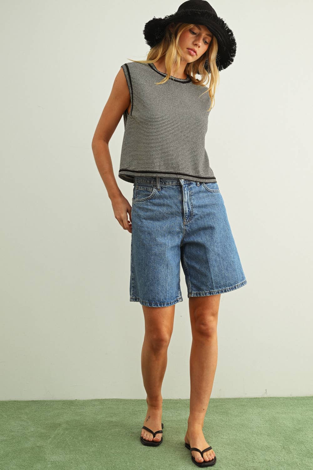 Black Pinstriped Sleeveless Knit Top