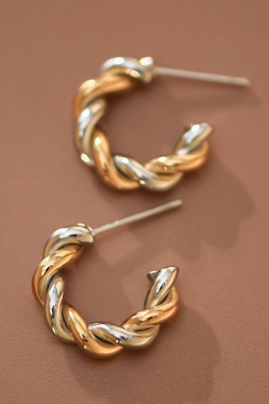 Gold Two Tone Twist Stainless Steel Hoop Earrings