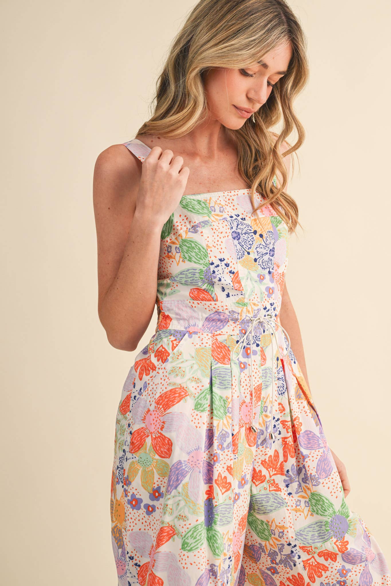 Coral Floral Pleated Wide Leg Jumpsuit