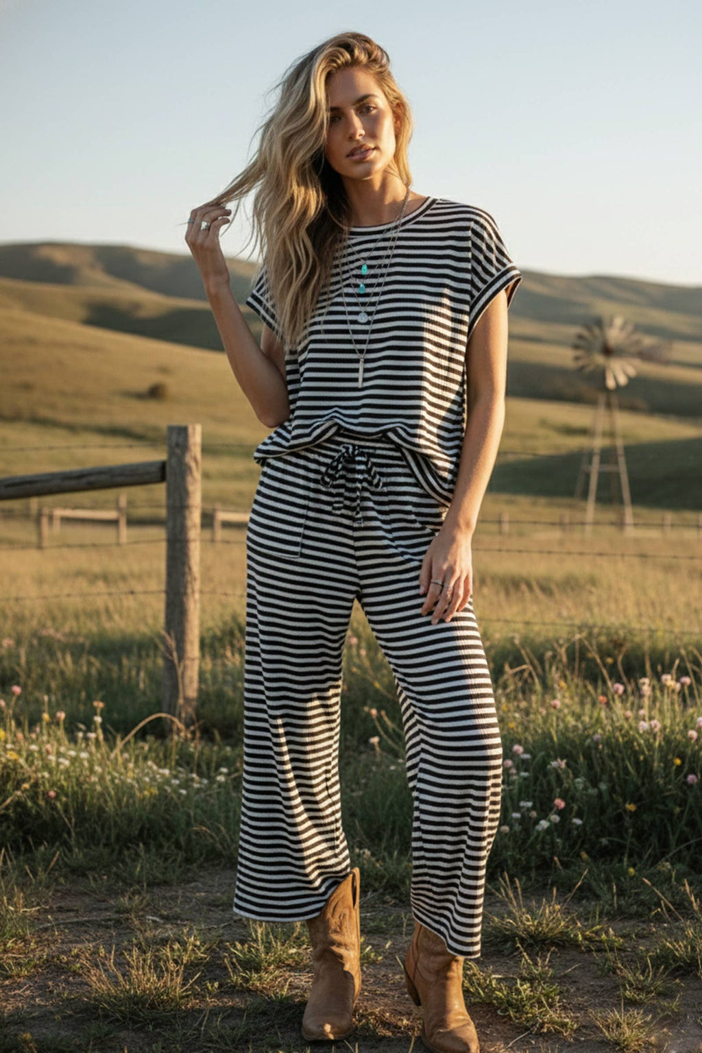 Black & Cream Striped Rib Pants
