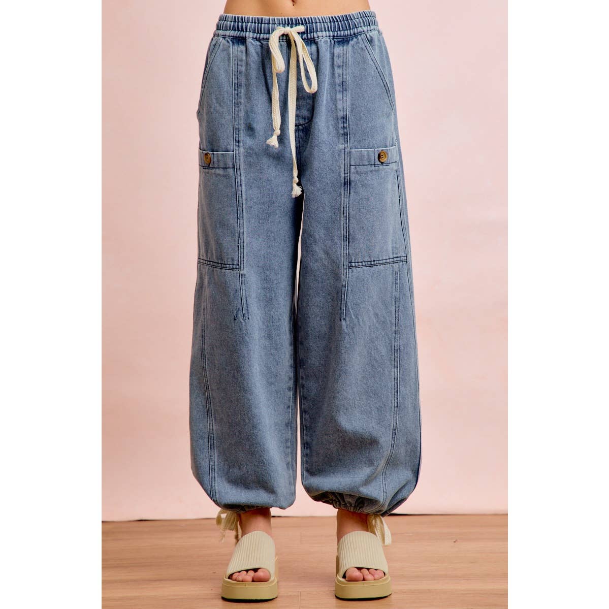 Washed Denim Drawstring Pants
