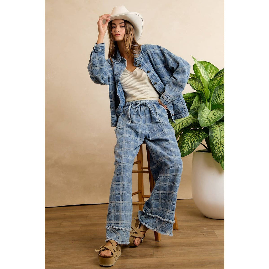 Washed Demin Plaid Wide Leg Jeans