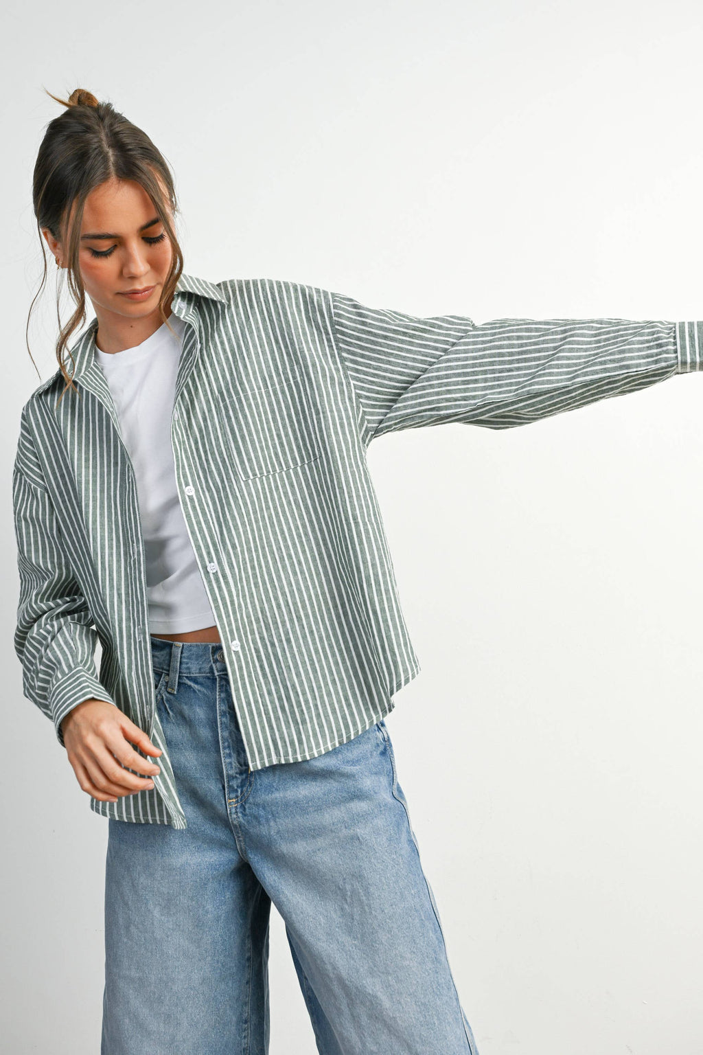 Green Striped Button-Up Top
