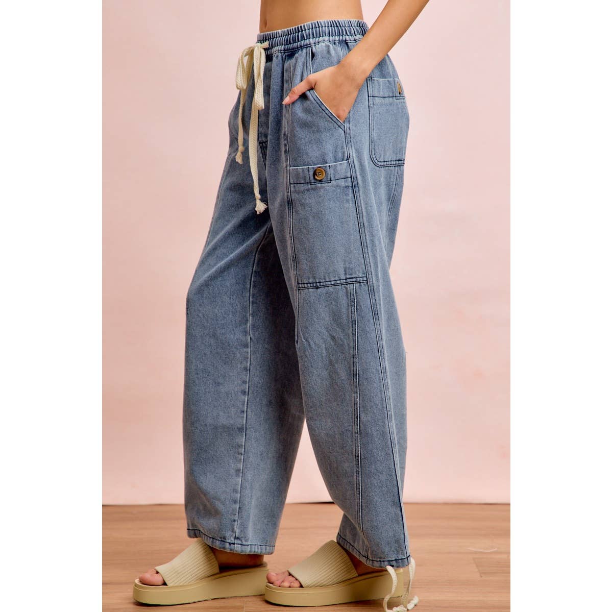 Washed Denim Drawstring Pants