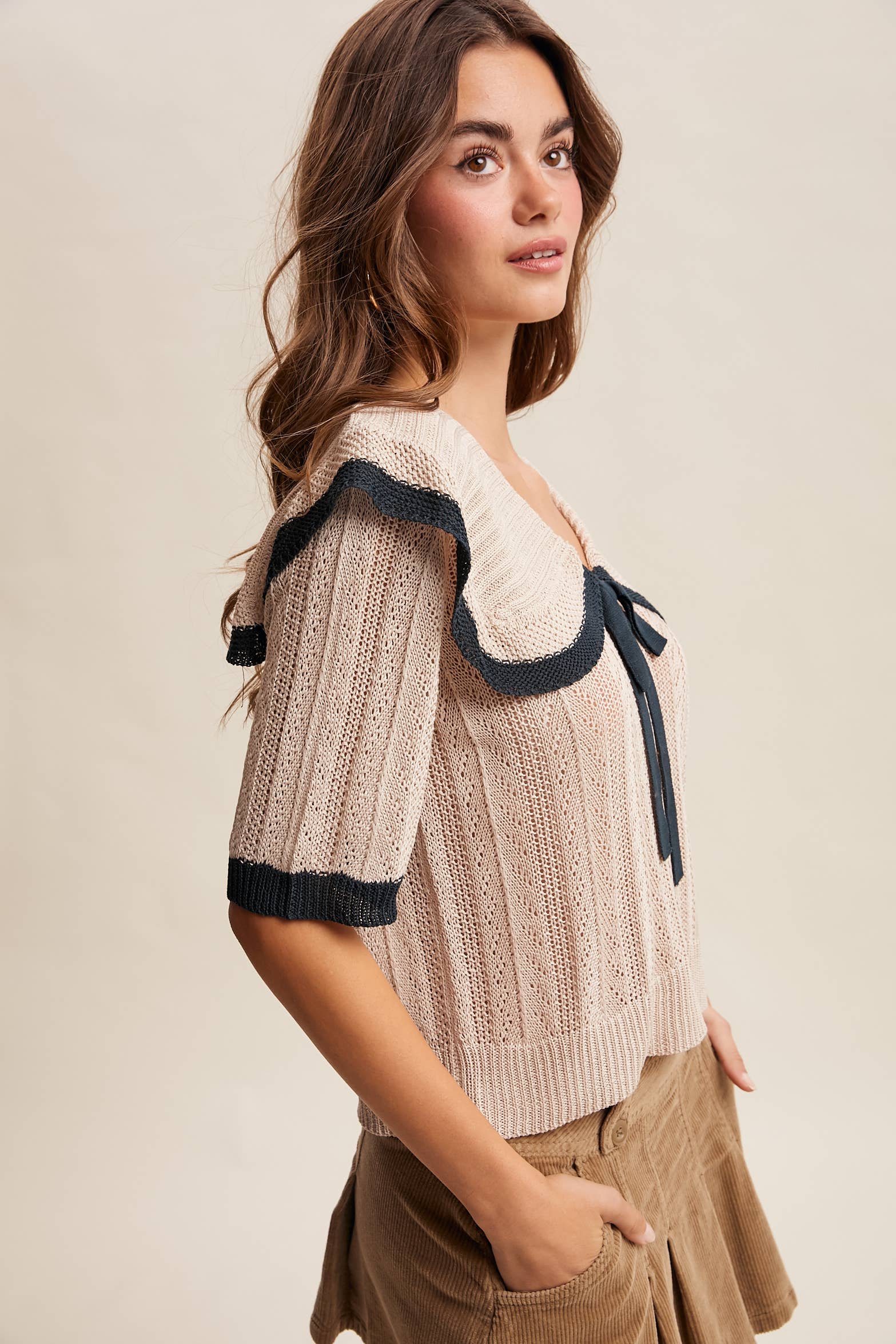 Oatmeal Knit Sailor-Collar Ribbon Top