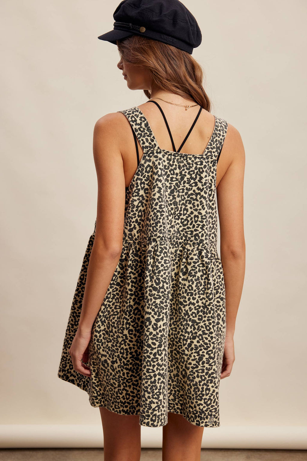 Cream Leopard Print Button-Front Overall Mini Dress