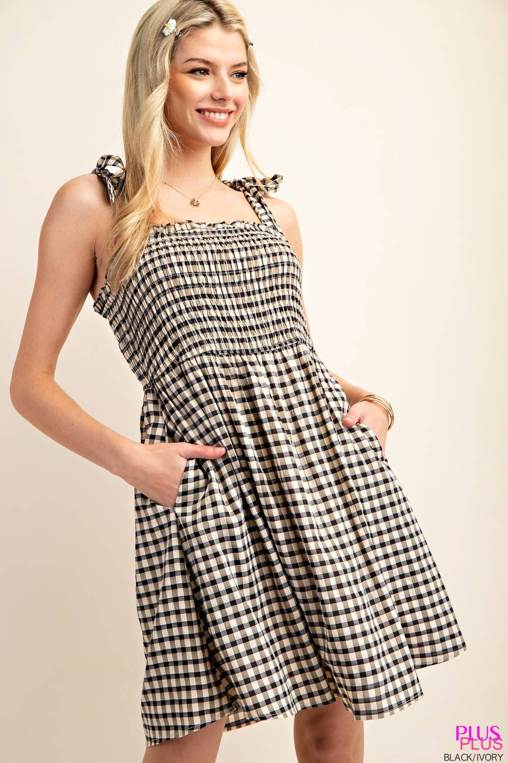 Plus Gingham Smocked Mini Dress