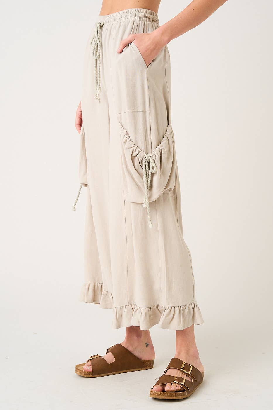 Silver Oat Ruffle Hem Wide Leg Pant
