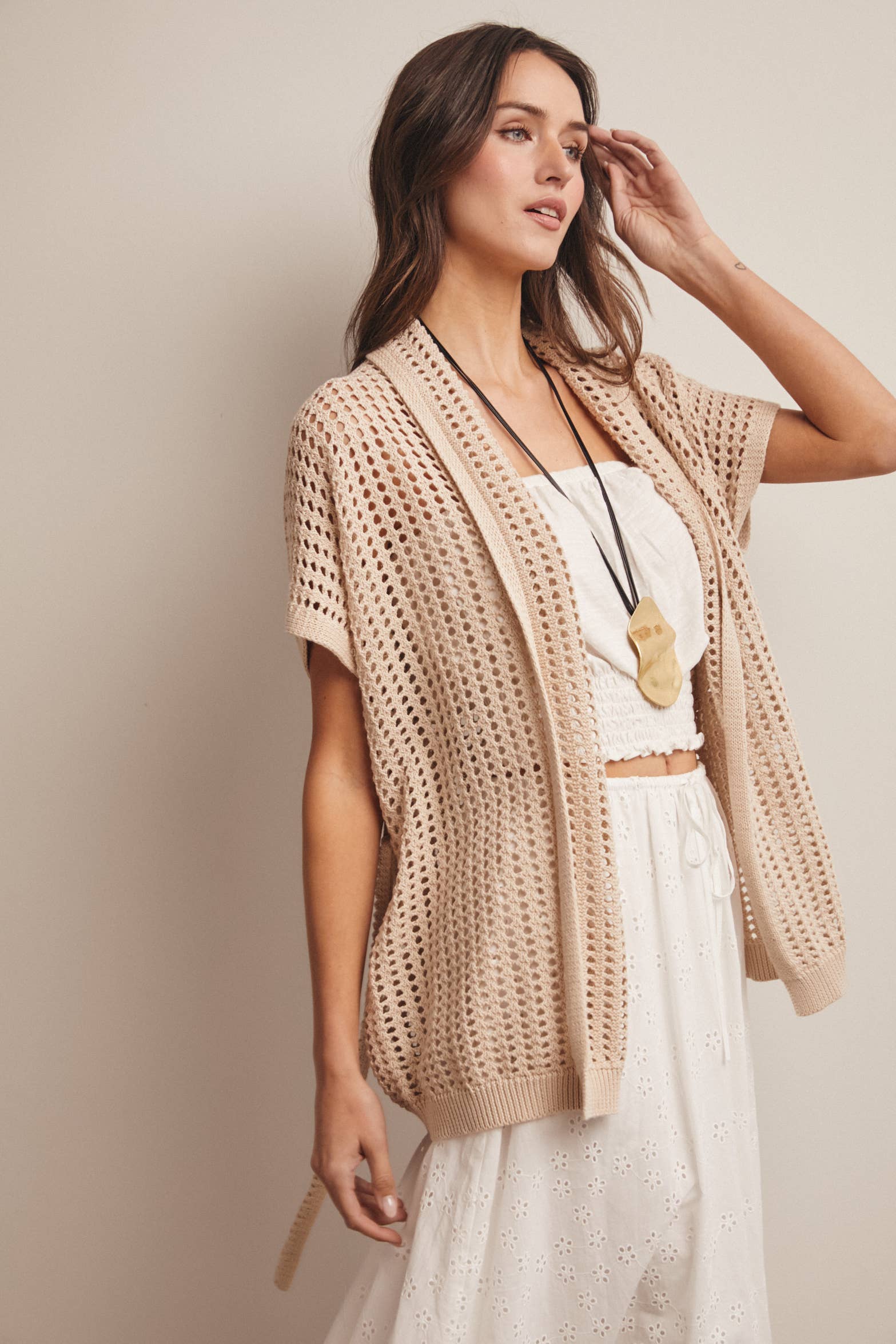 Natural Open Knit Belted Cardigan