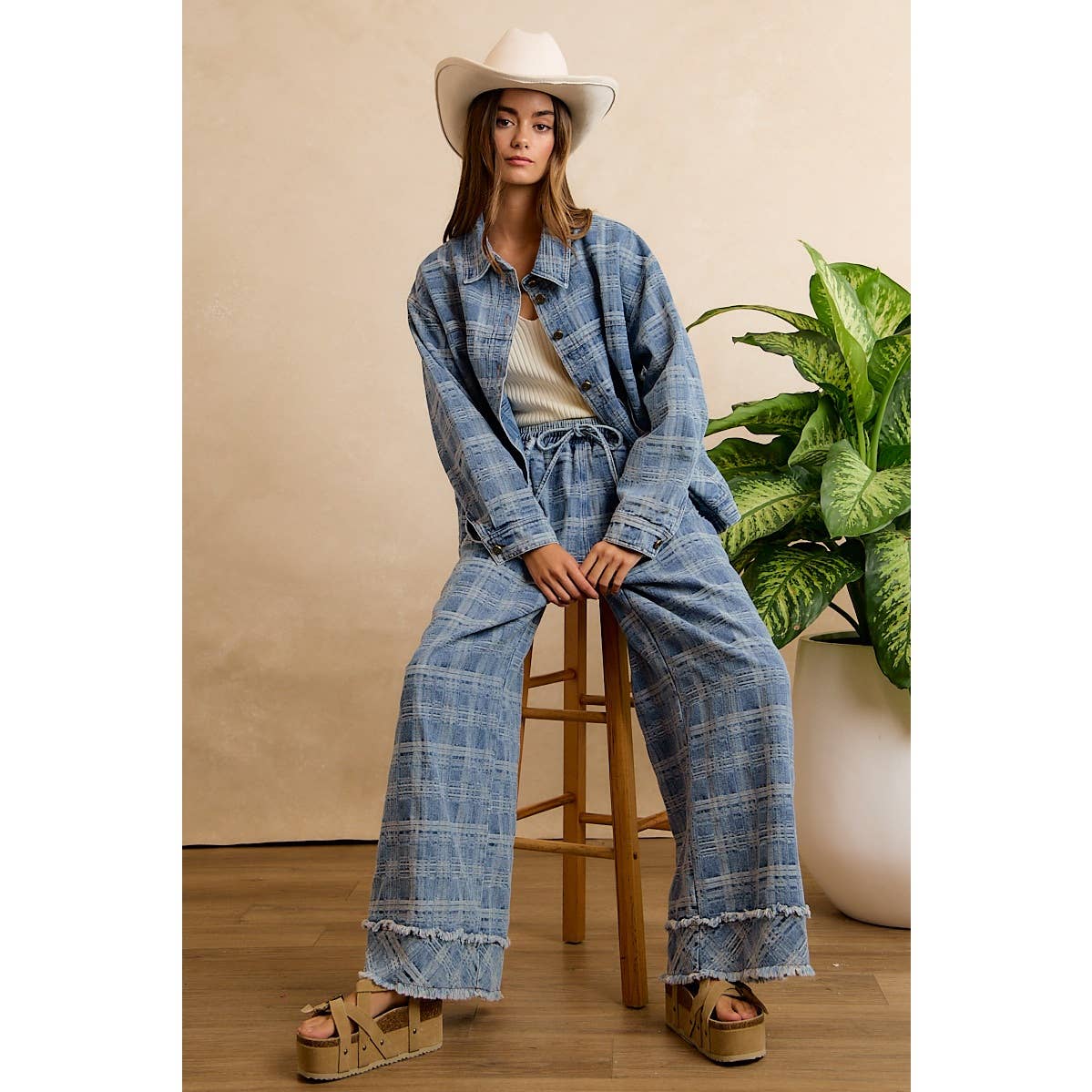 Washed Demin Plaid Wide Leg Jeans