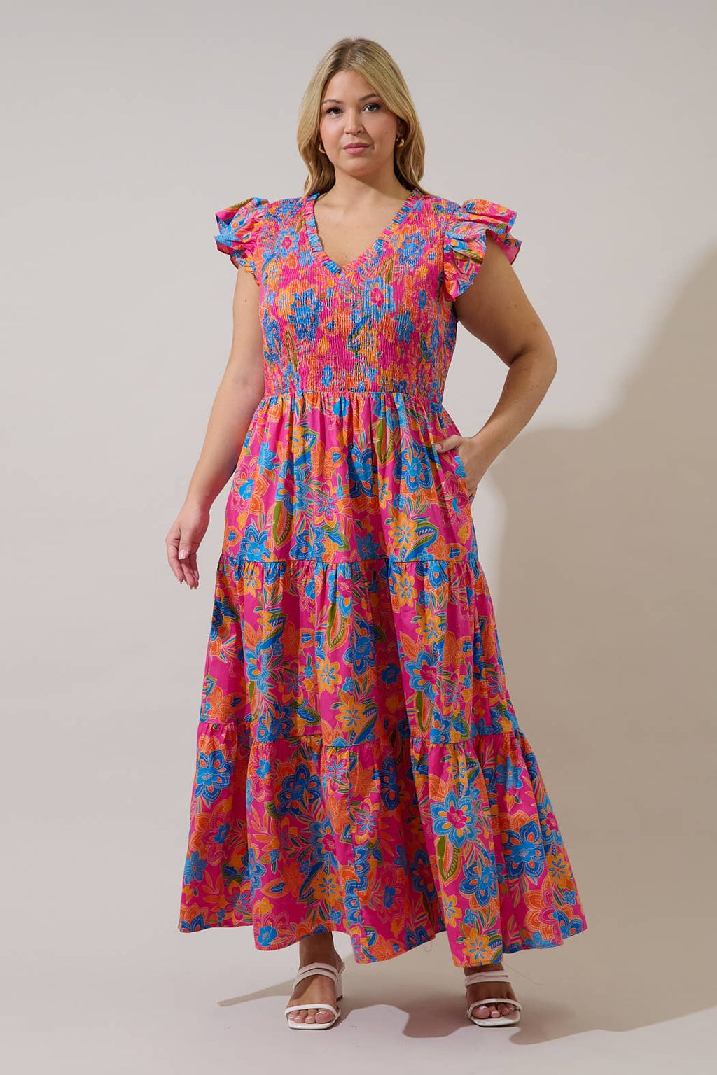 Plus Blue Orange Sunfire Tiered Midi Dress