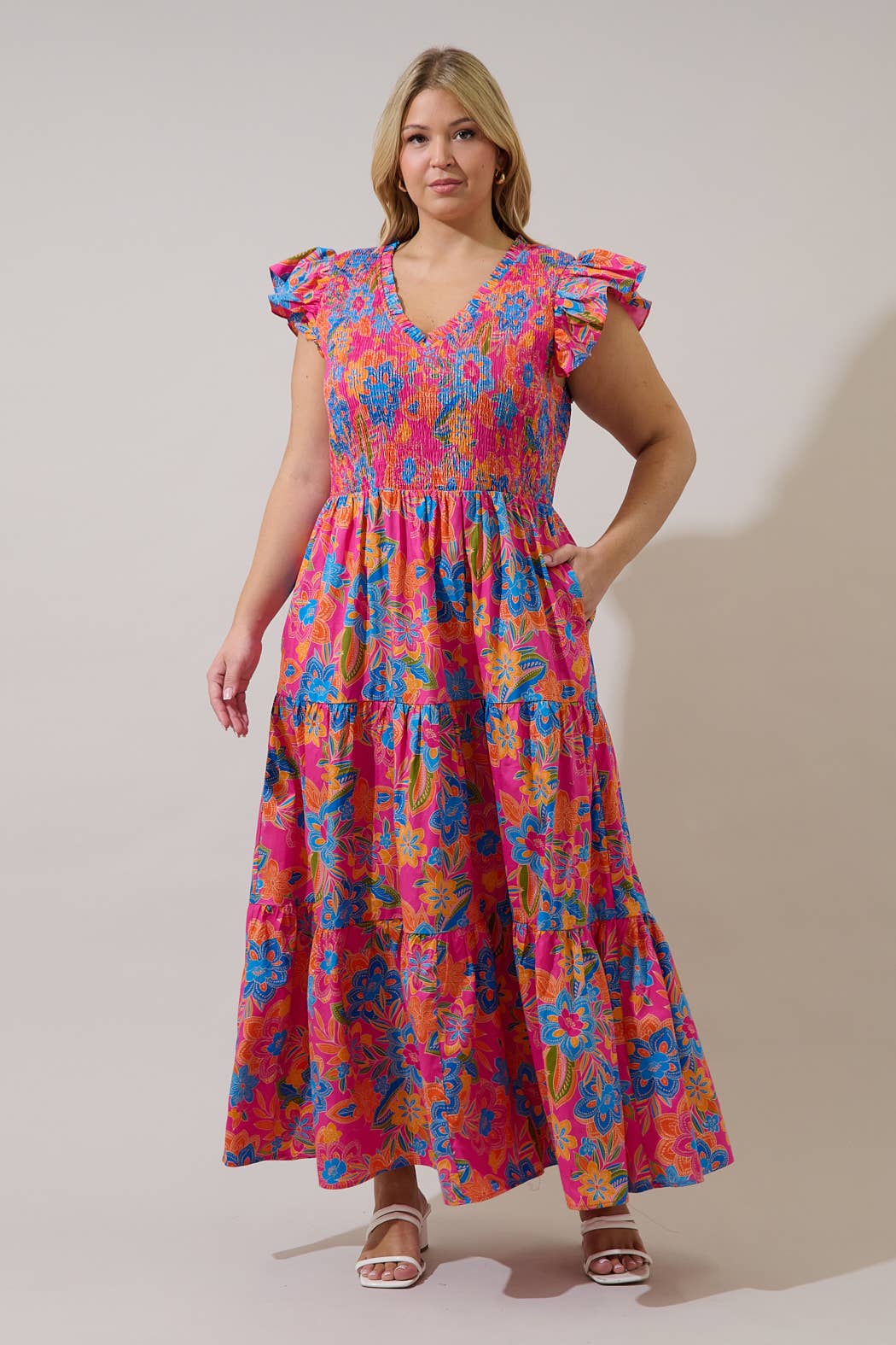Plus Blue Orange Sunfire Tiered Midi Dress