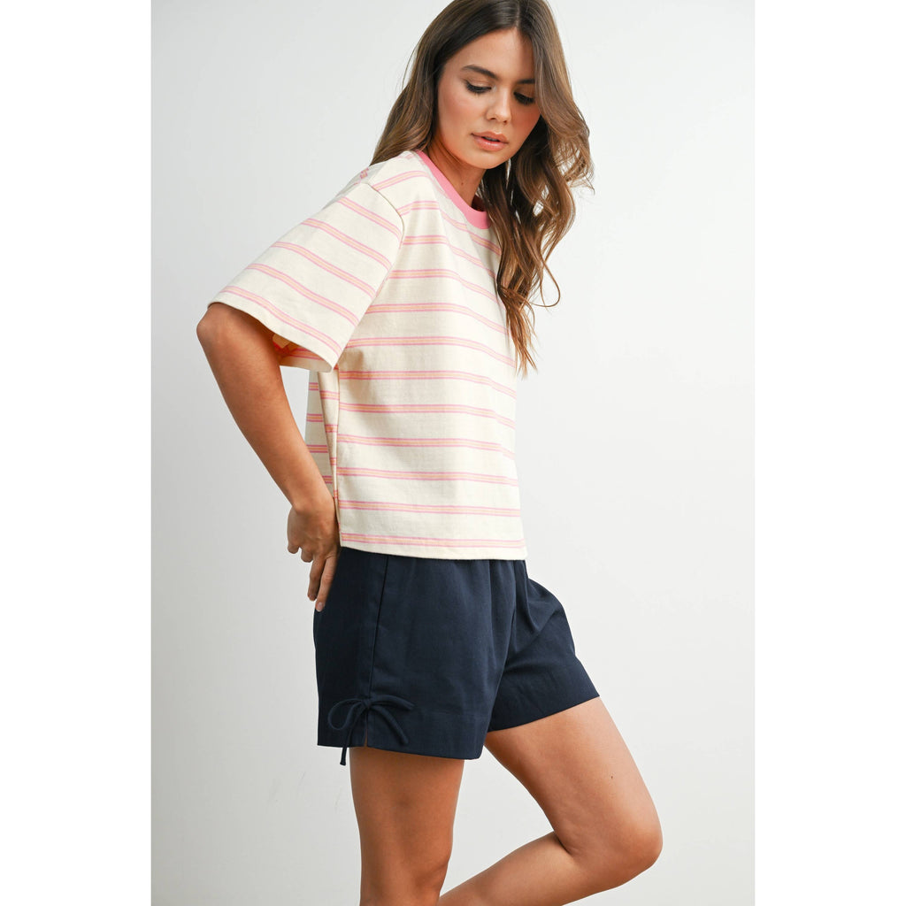 Ivory & Pink Striped Boxy Cropped T-Shirt