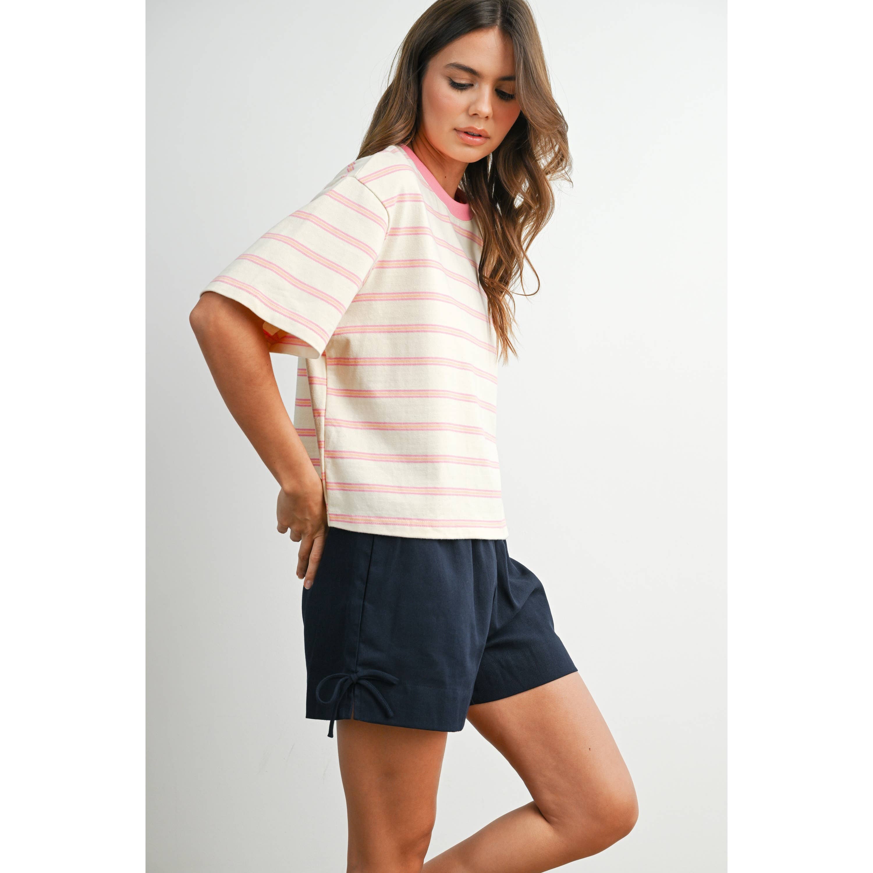 Ivory & Pink Striped Boxy Cropped T-Shirt