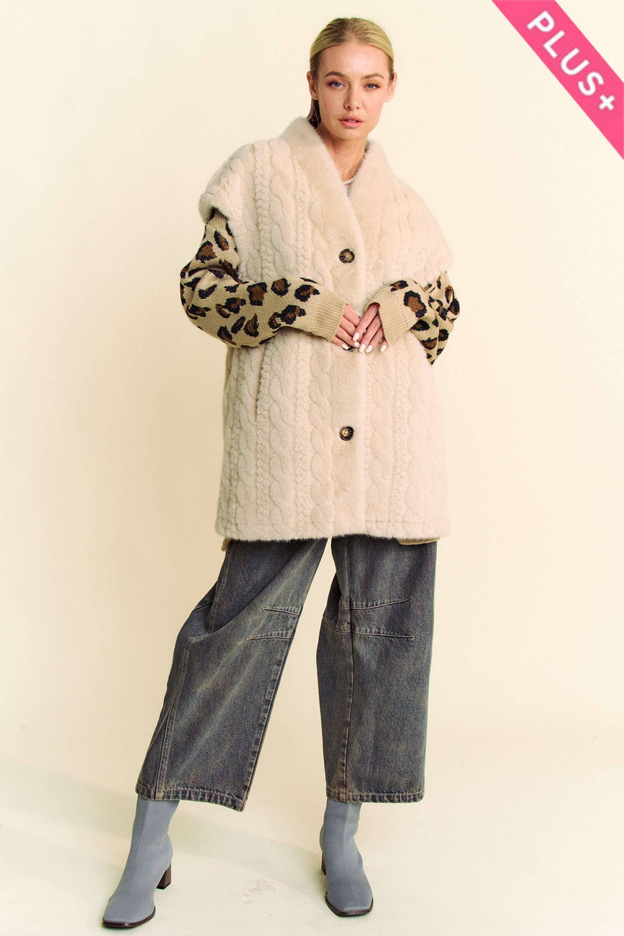 Plus Button Fuzzy Fur Vest Jacket