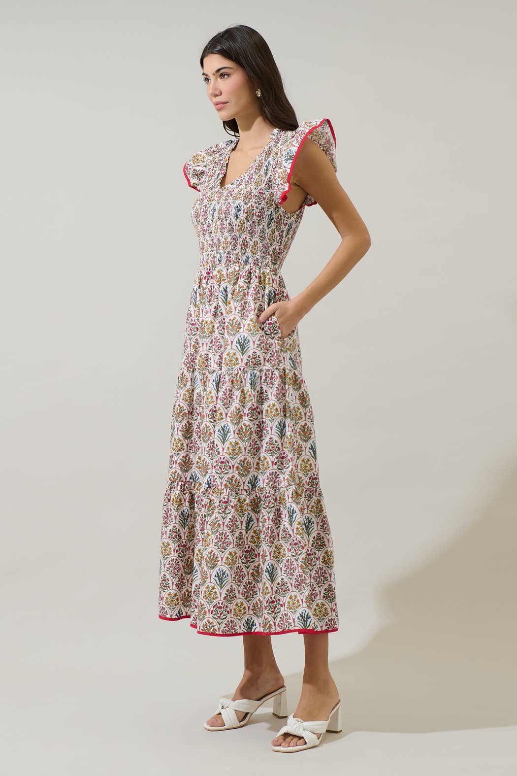 White Floral Sunfire Tiered Midi Dress