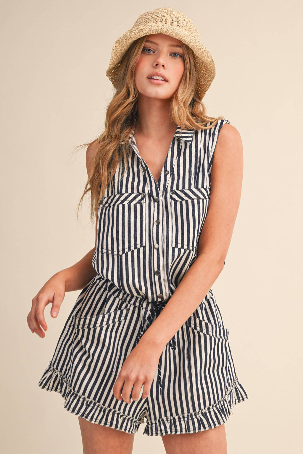 Navy & White Striped Romper