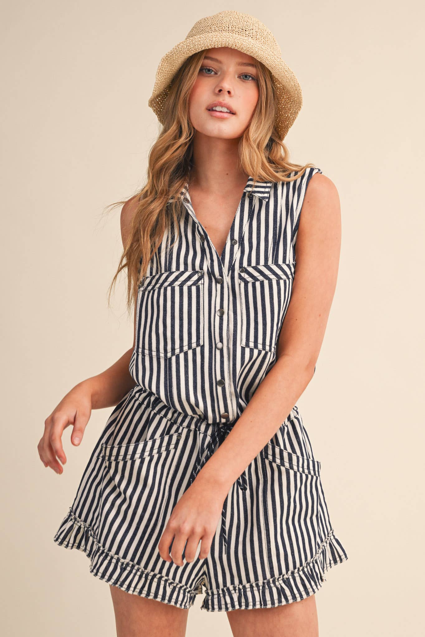 Navy & White Striped Romper