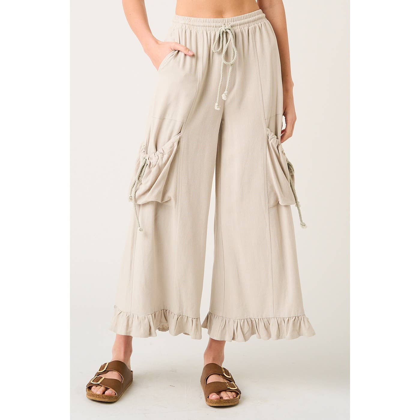 Silver Oat Ruffle Hem Wide Leg Pant