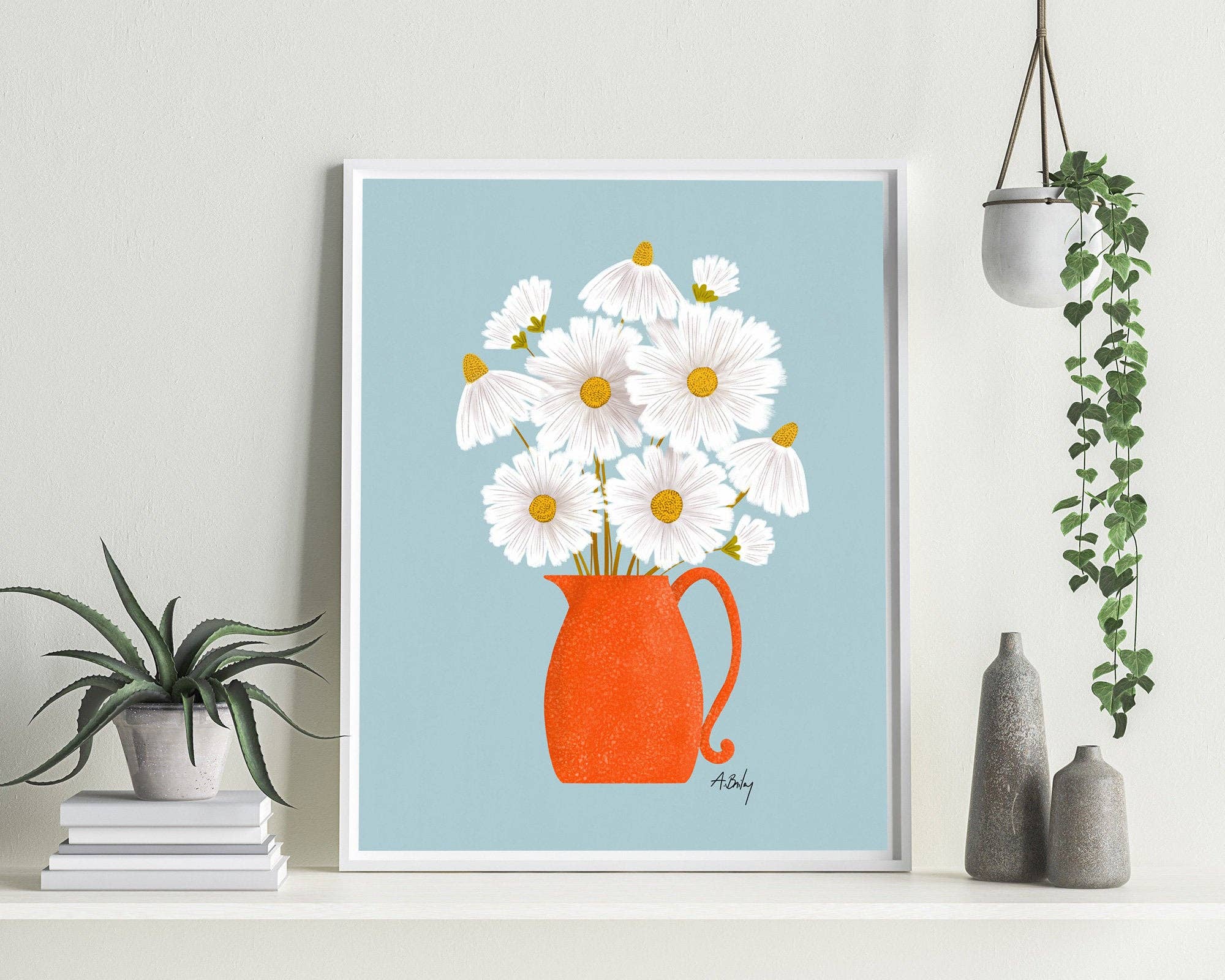 Daisies and Blue - Floral Illustration Print