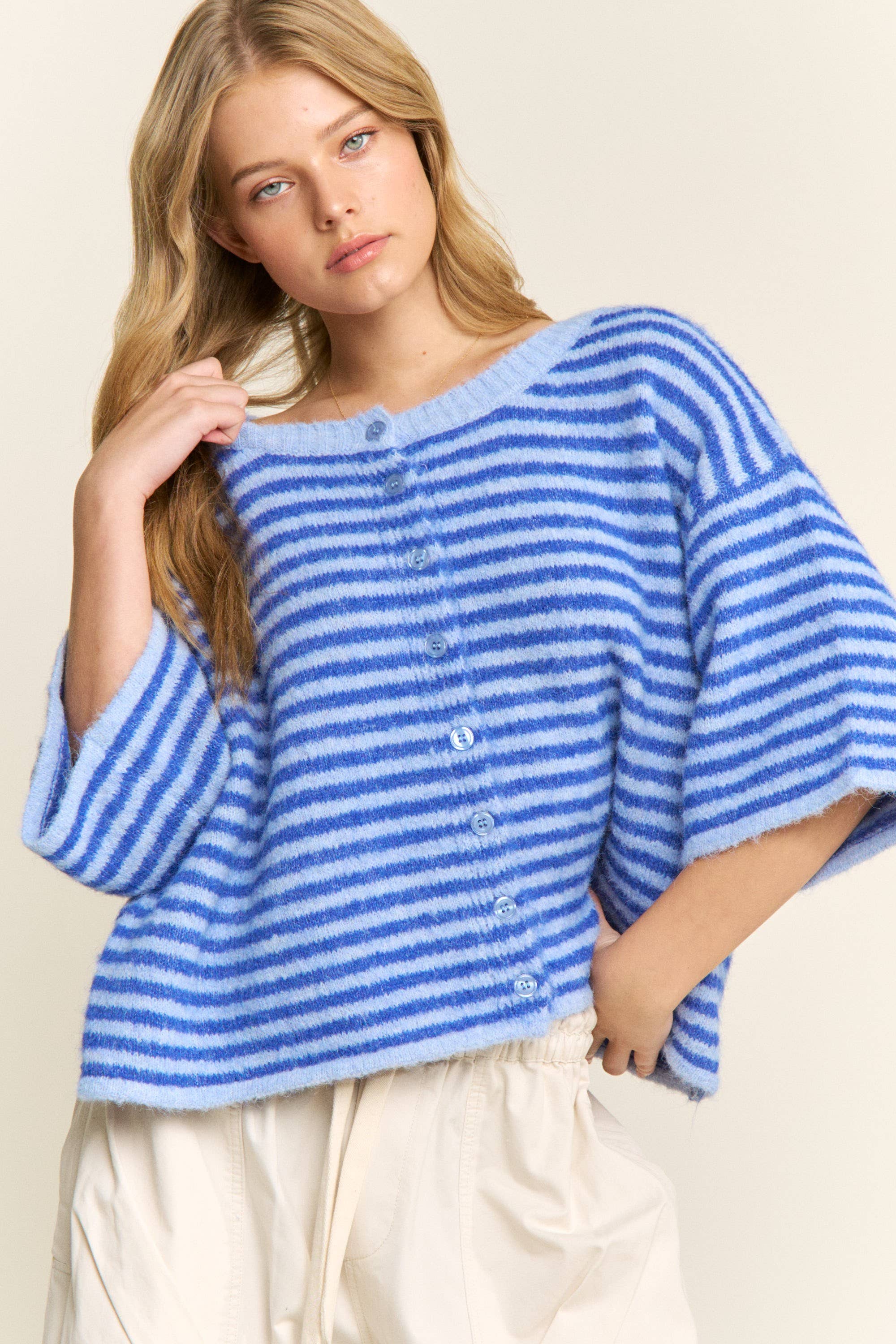 Blue Striped Cropped Soft Knit Cardigan
