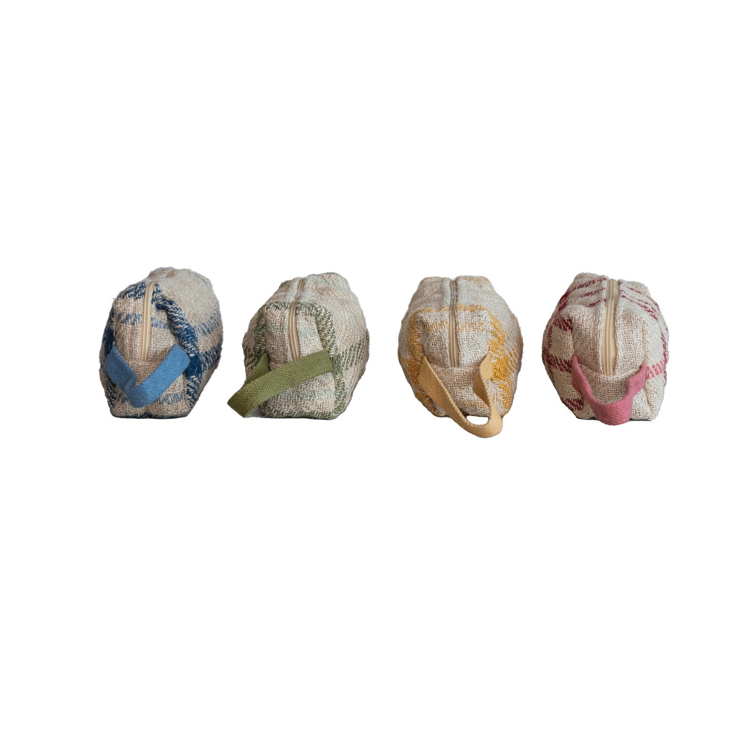 Quilted Jute Zip Pouch w/ Grid Pattern, Handle & Tassel, 4 Colors