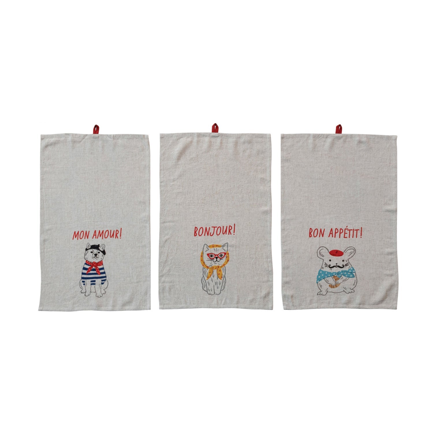 Woven Linen Blend Printed Tea Towel w/ French Saying, Animal & Loop, 3 Styles