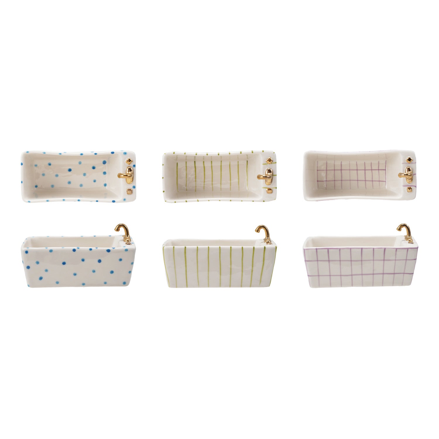 Hand-Painted Stoneware Bathtub Shaped Dish w/ Pattern & Gold Electroplating, 3 Styles