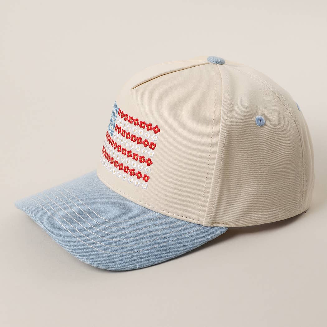 Two Tone Denim Floral American Flag Embroidered Trucker Hat