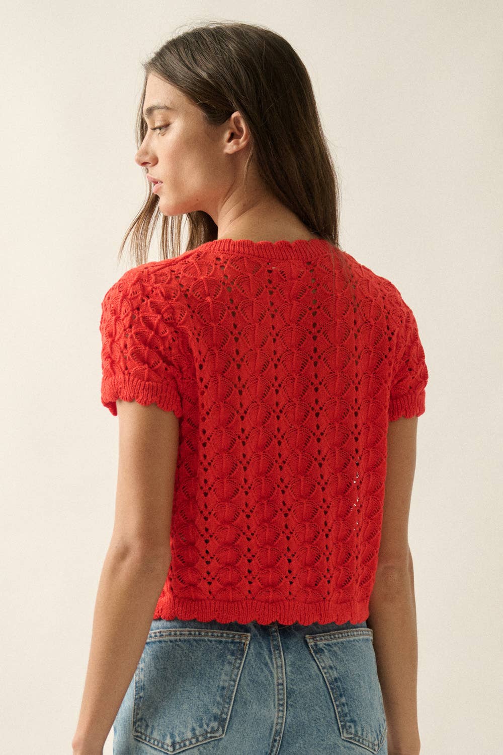 Red Crochet-Knit Buttoned Cardigan