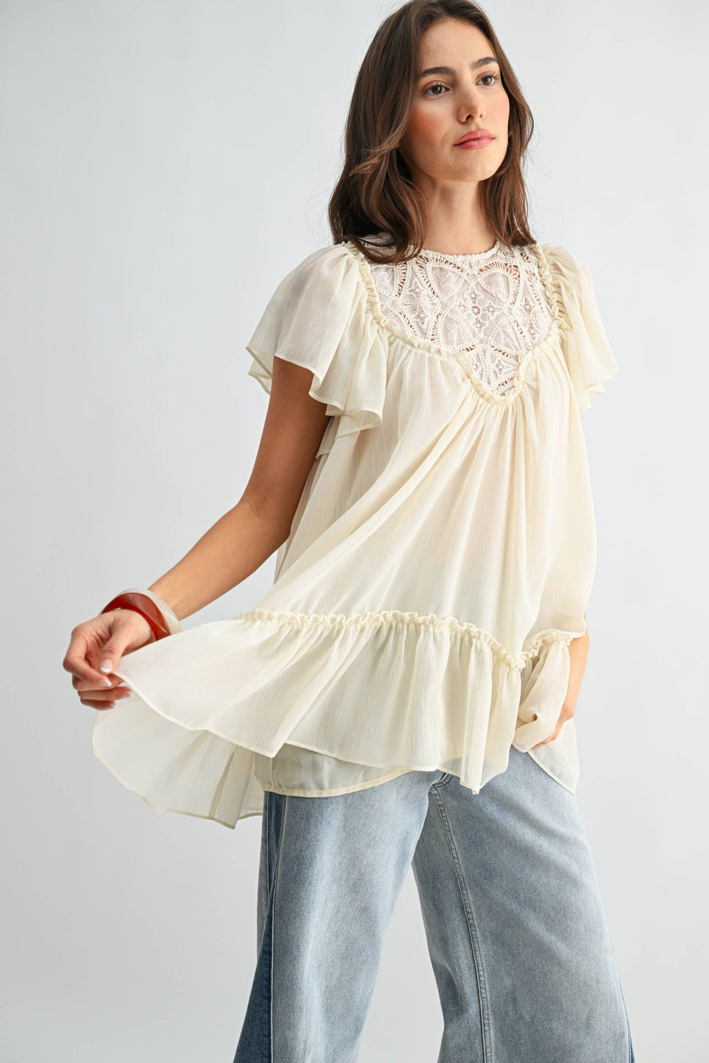 Cream Sheer Lace Yoke Ruffle Sleeve Blouse