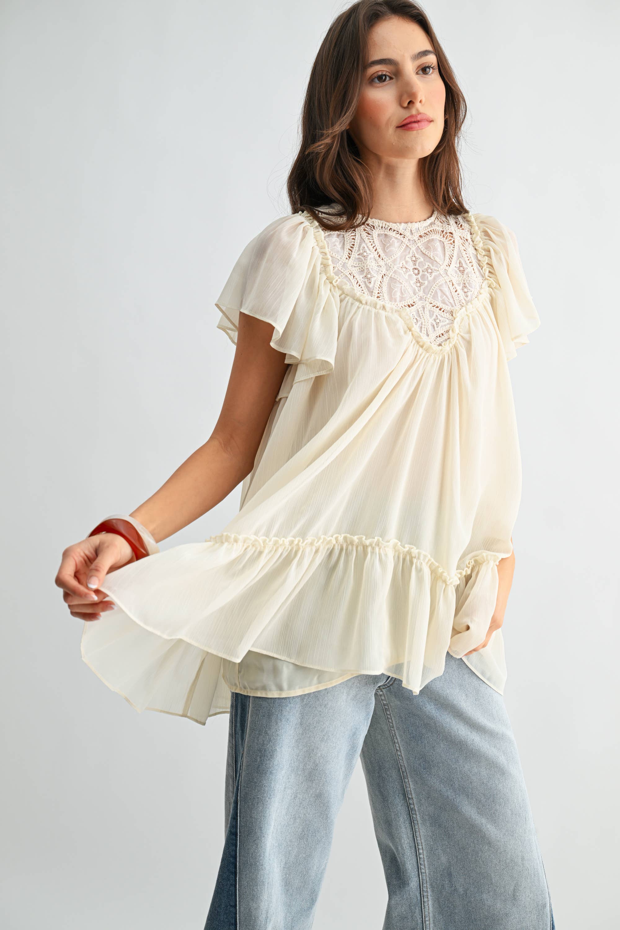 Cream Sheer Lace Yoke Ruffle Sleeve Blouse