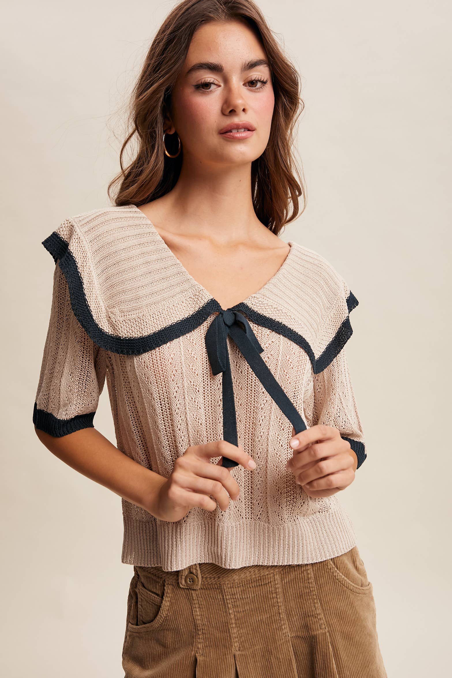 Oatmeal Knit Sailor-Collar Ribbon Top