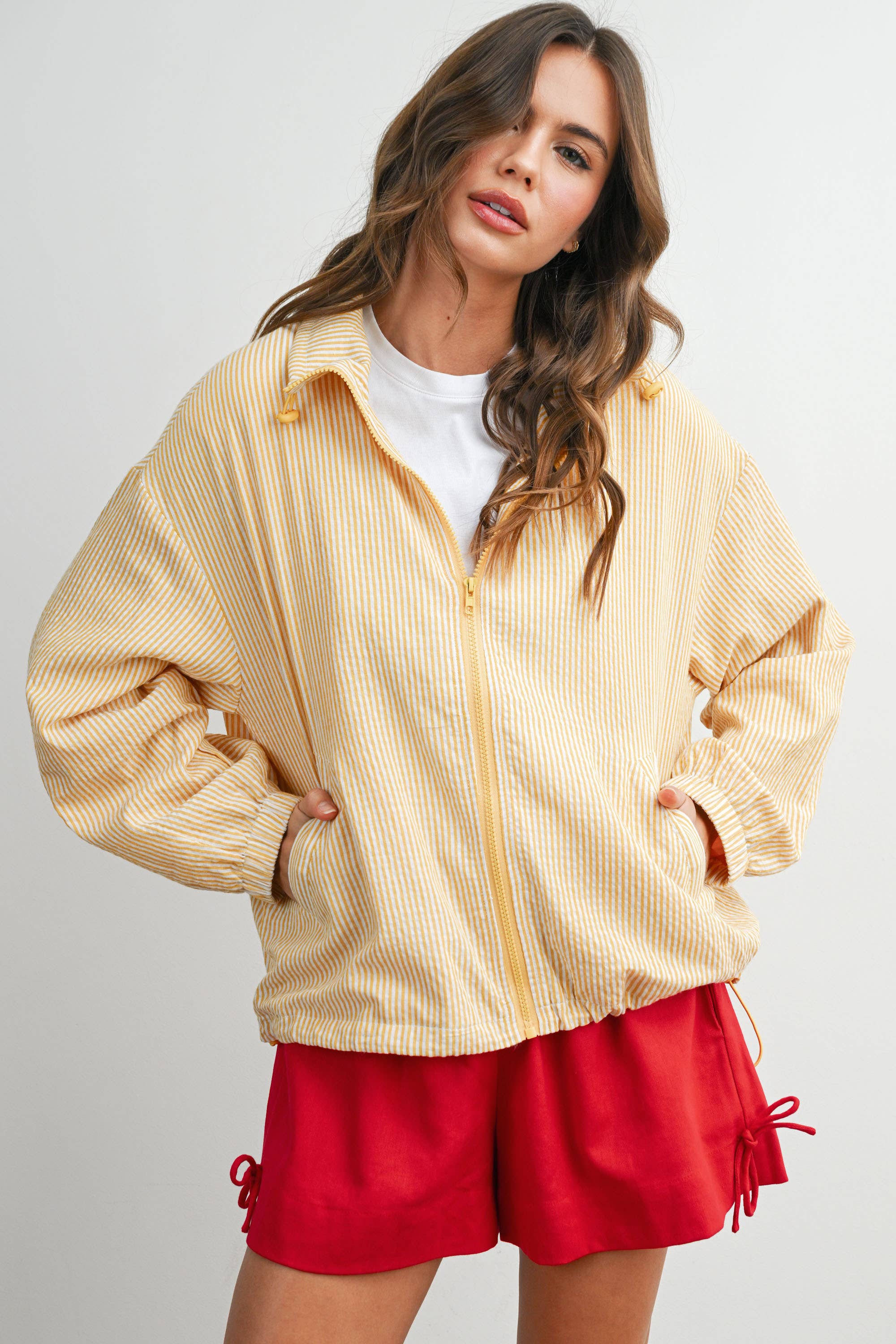 Yellow Striped Zip-Front Drawstring Jacket