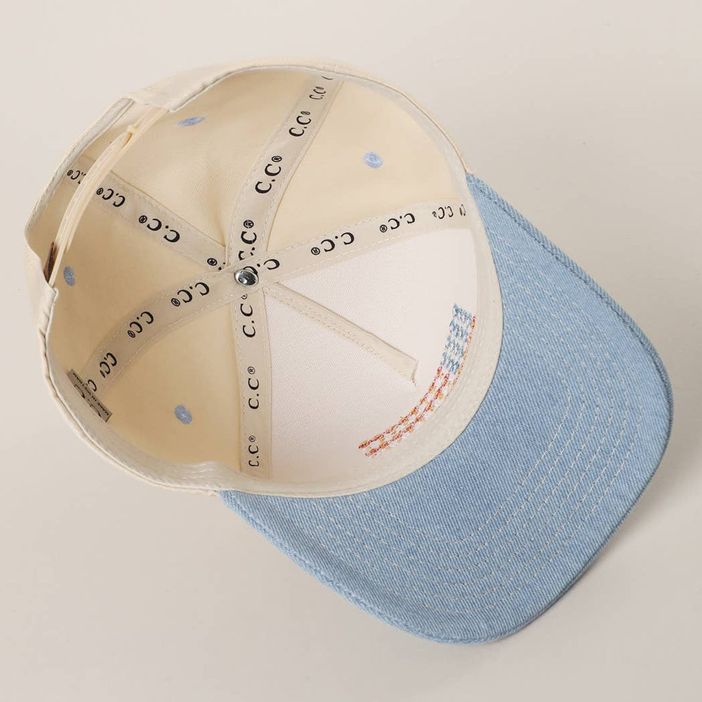 Two Tone Denim Floral American Flag Embroidered Trucker Hat