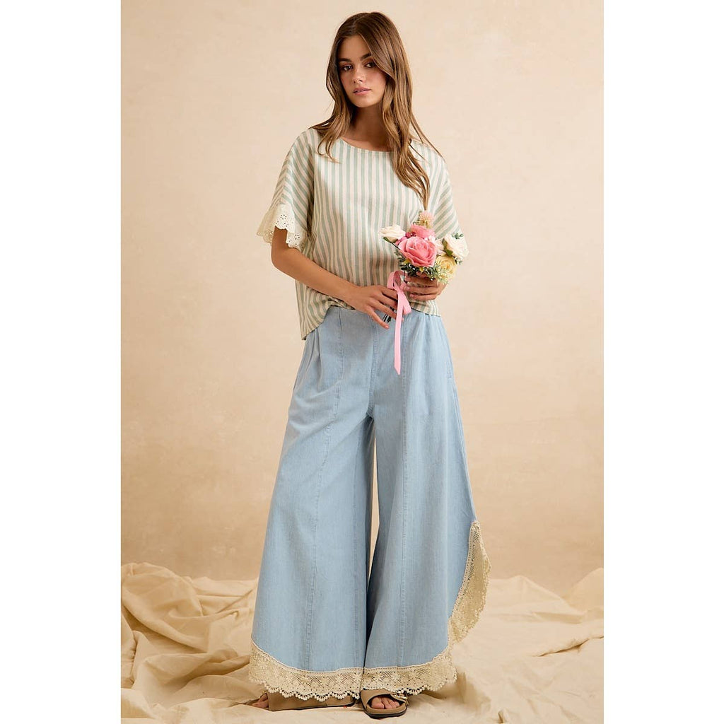Denim Wide Leg Lace Tulip Hem Jeans
