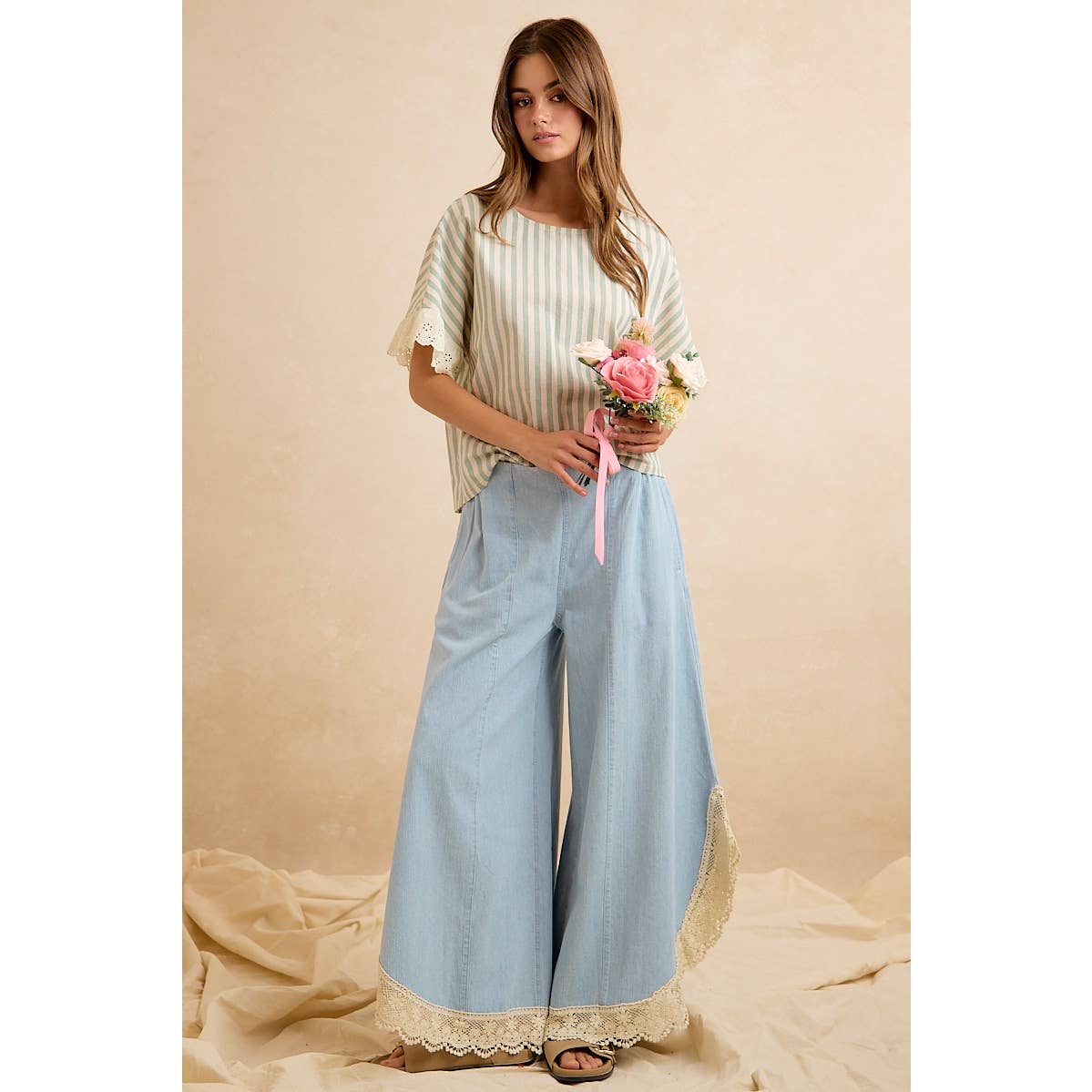 Denim Wide Leg Lace Tulip Hem Jeans