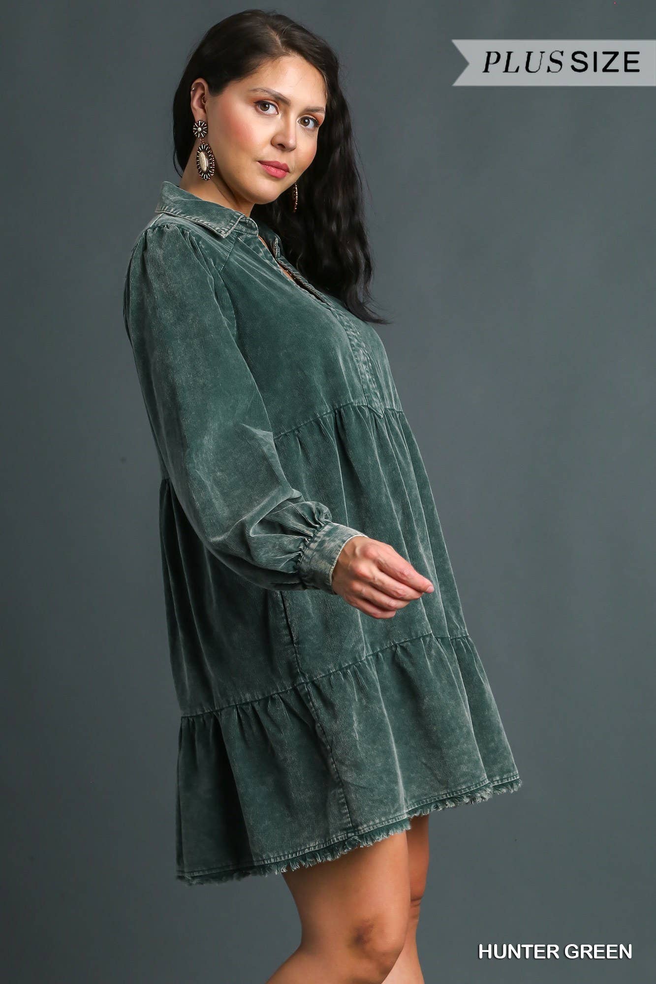 Plus Hunter Green Corduroy Tiered Dress