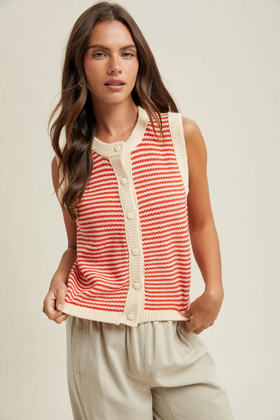 Papaya & Natural Striped Button Up Vest
