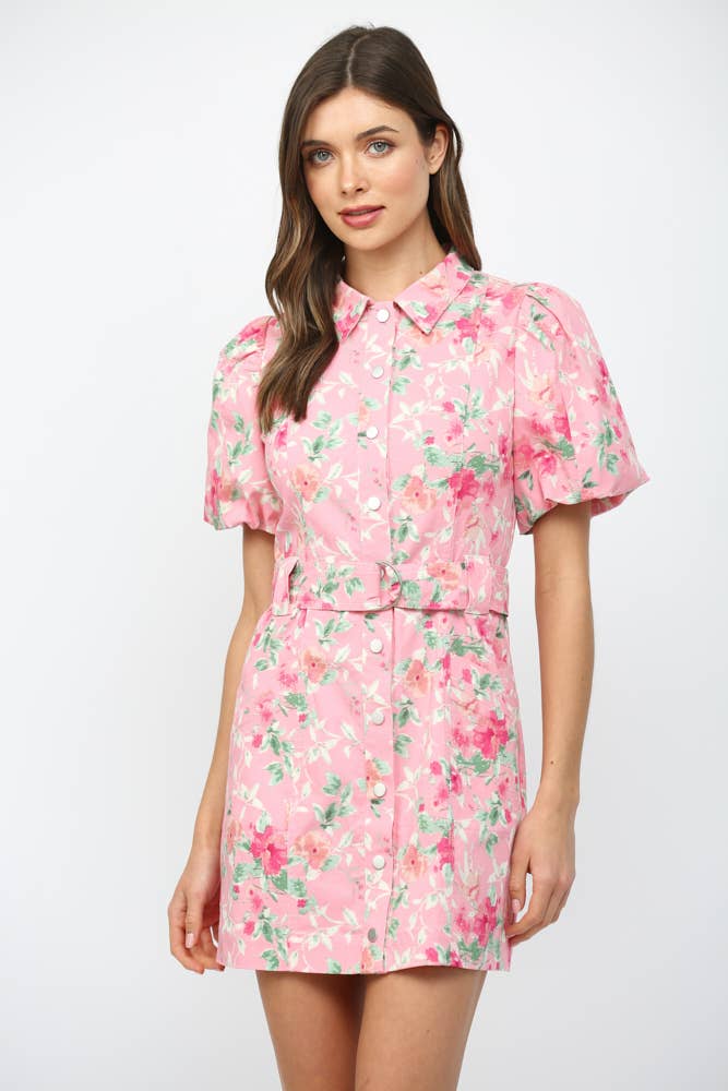 Pink Printed Button Down Mini Dress