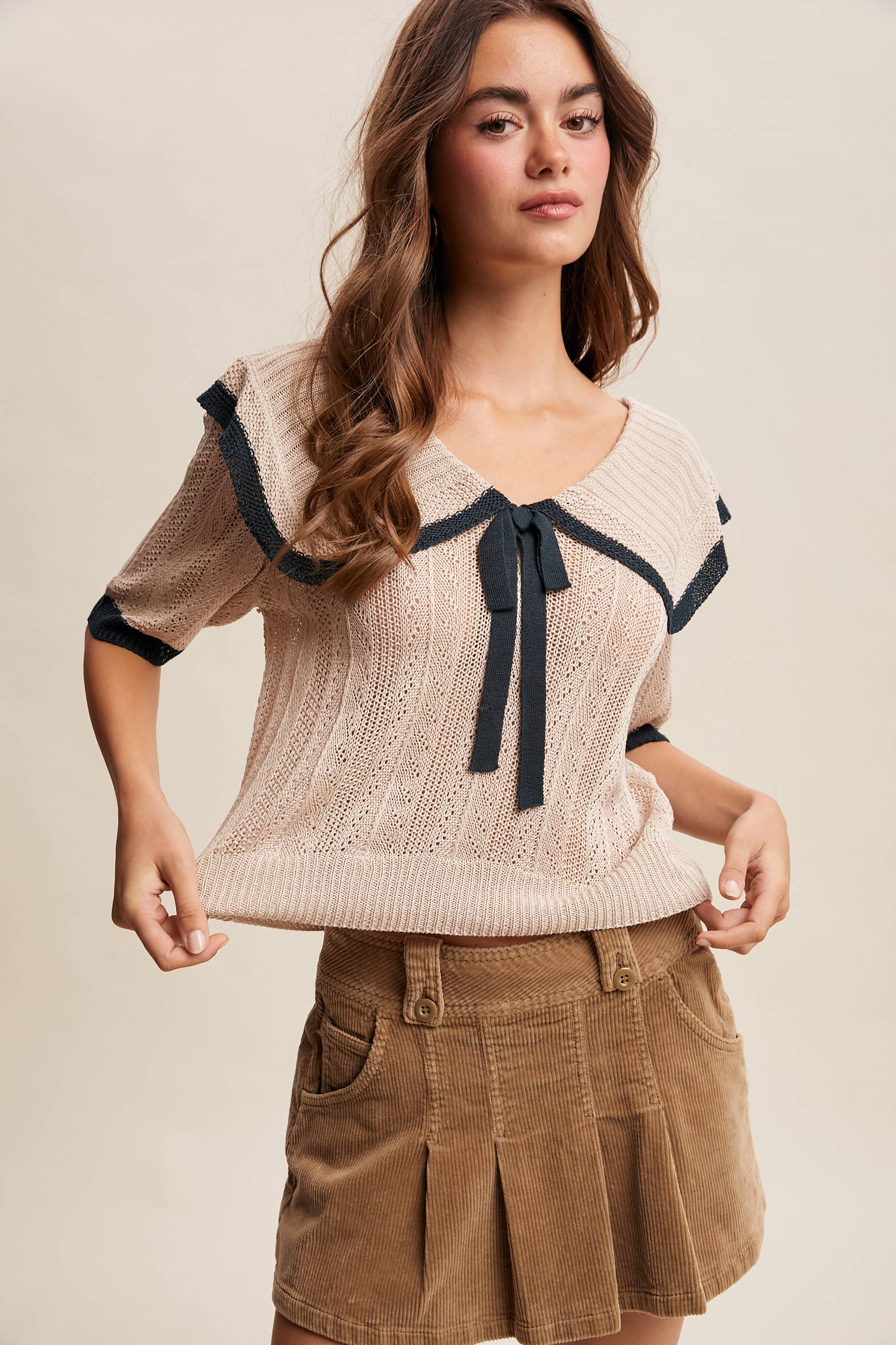 Oatmeal Knit Sailor-Collar Ribbon Top