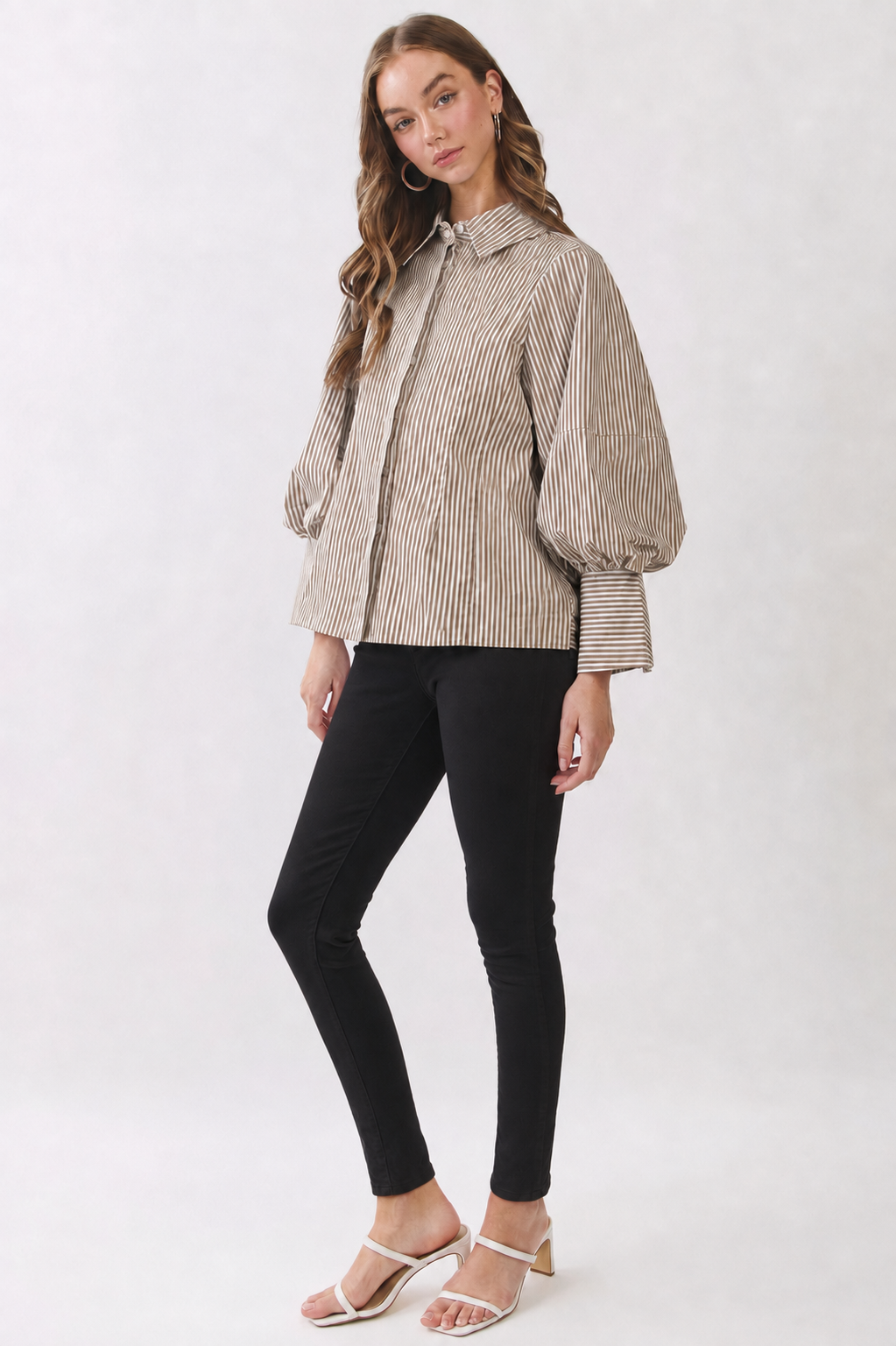 Brown Stripe Puff Sleeve Blouse