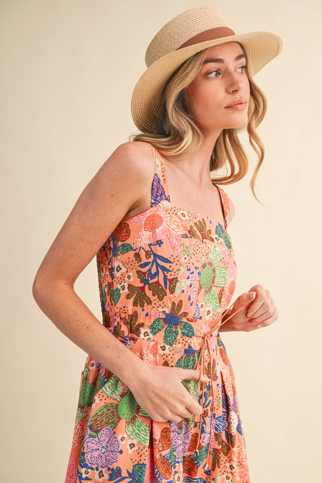 Coral Floral Pleated Wide Leg Jumpsuit
