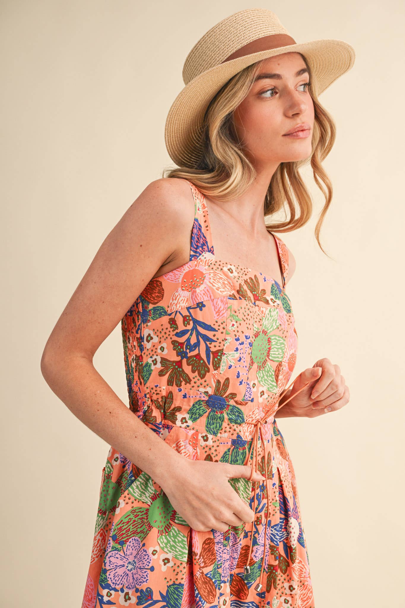 Coral Floral Pleated Wide Leg Jumpsuit