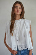 Off White Woven Cotton Eyelet Top