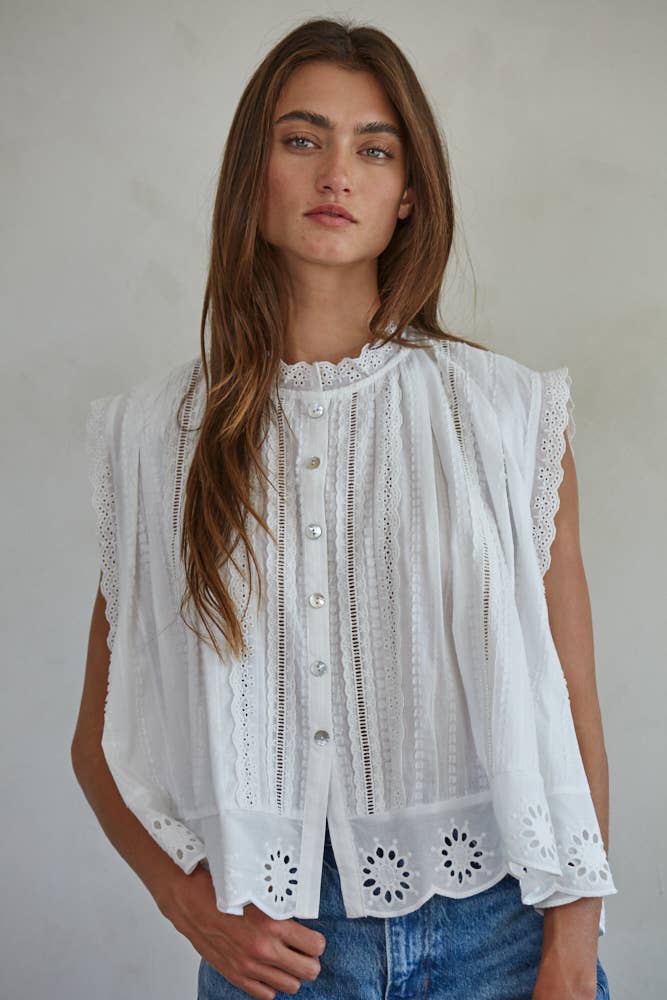 Off White Woven Cotton Eyelet Top
