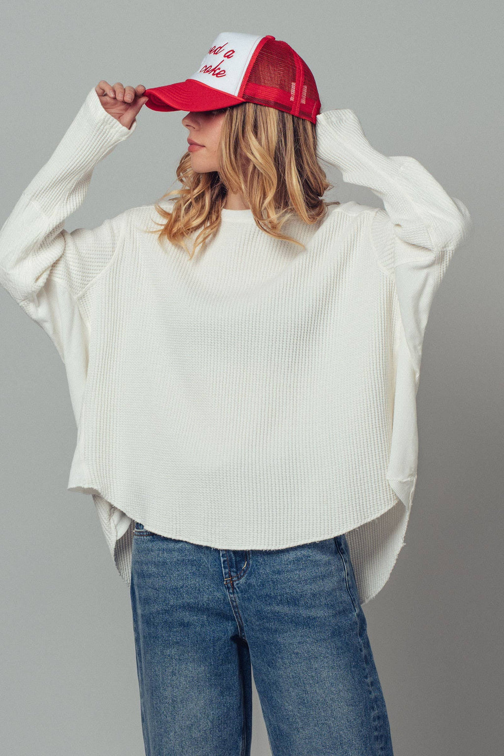 Ivory Oversized Waffle Knit High-Low Tunic Top
