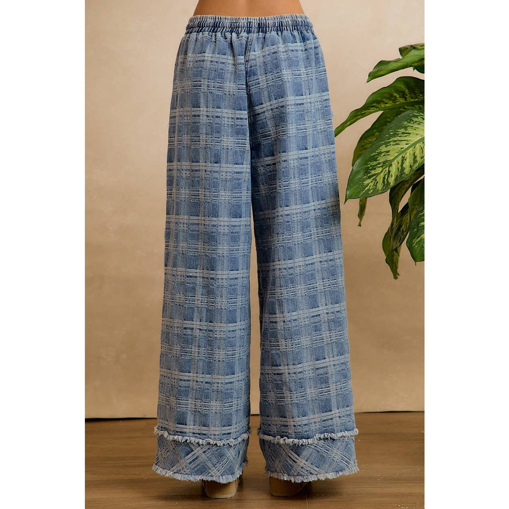 Washed Demin Plaid Wide Leg Jeans